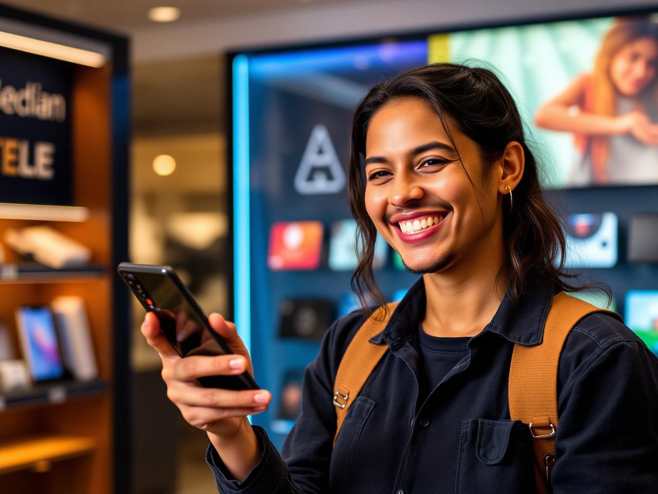 Cliente feliz com novo smartphone